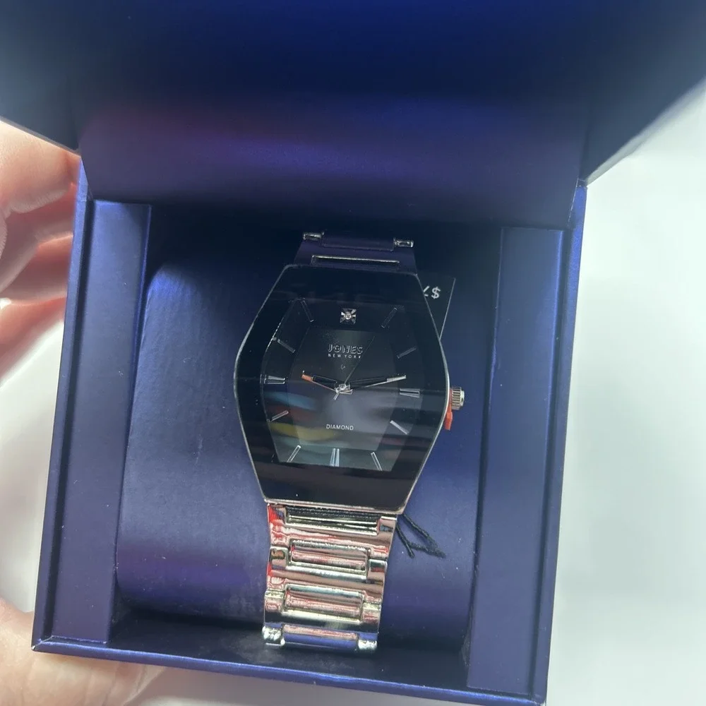 NIB Jones New York Diamond Men's Watch Silver Tone Black Face